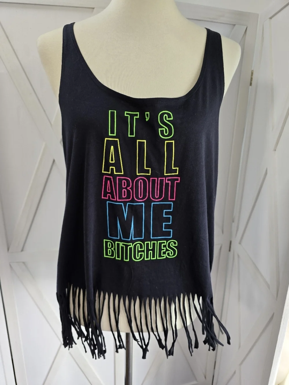 Spencer's Black Fringe Tank Top with Neon Yellow Pink Blue Text (NWT)